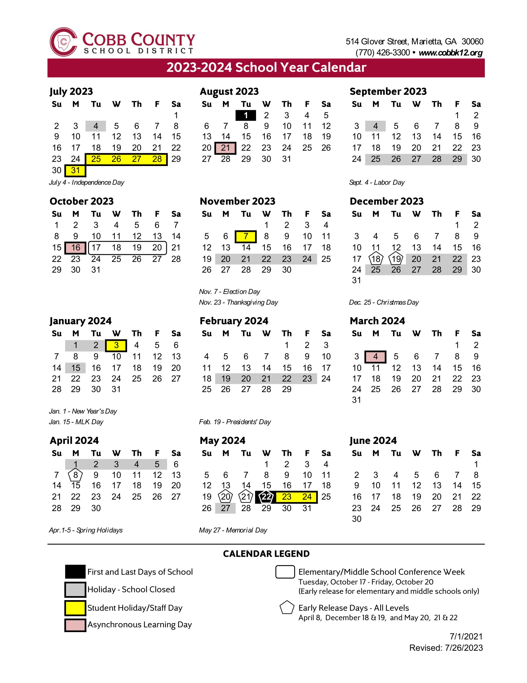 Cobb County School Calendar 2023-2024