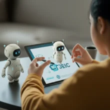 A-person-studying-for-TOEIC-on-a-tablet,-assisted-by-AI-robots-in-a-comfortable-room.