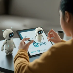 A-person-studying-for-TOEIC-on-a-tablet,-assisted-by-AI-robots-in-a-comfortable-room.