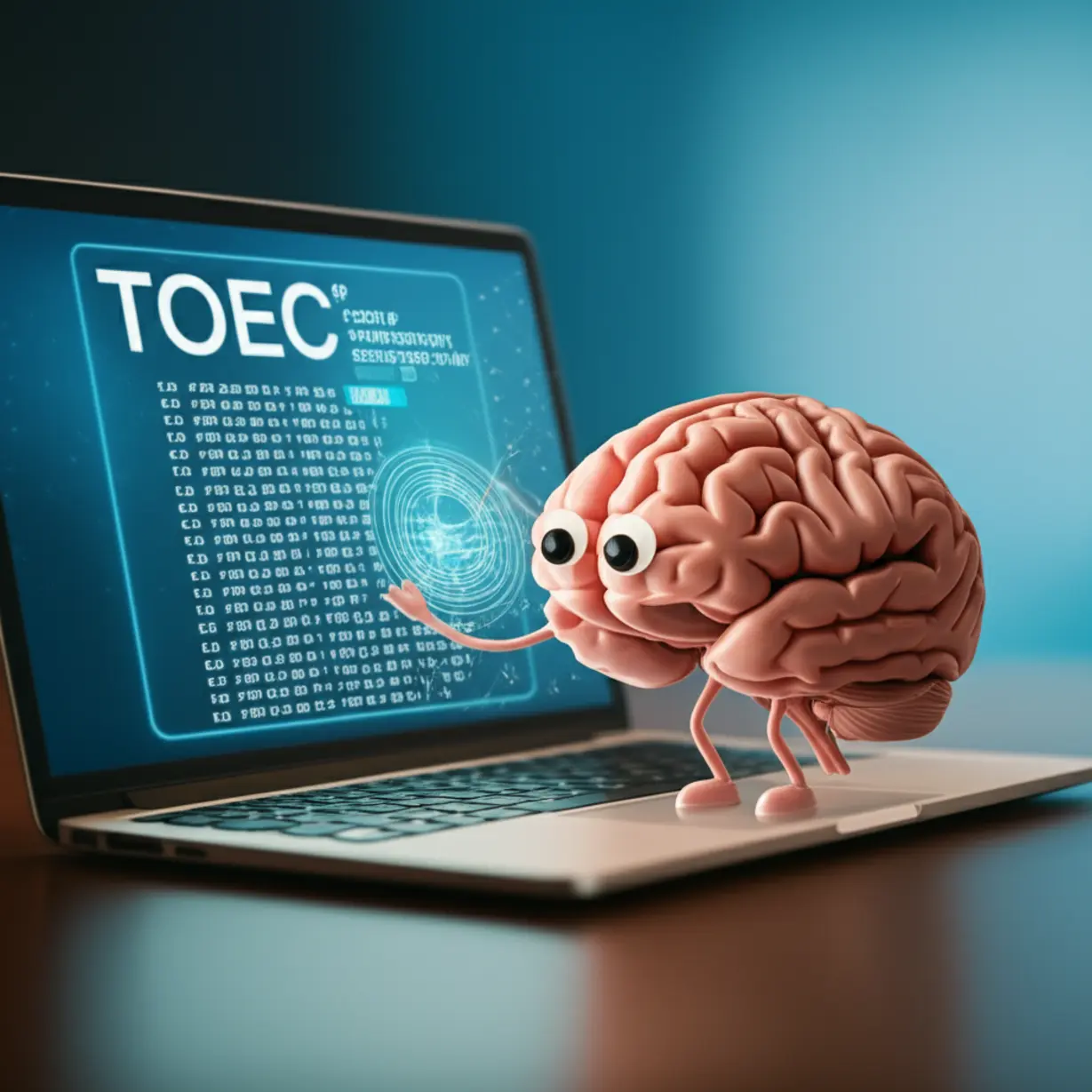 A-cartoon-brain-analyzing-TOEEC-test-results-on-a-screen.