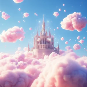 A-cute-3D-image-showing-fluffy-clouds,-light-particles,-and-a-stylized-palace-in-the-sky,-representing-happiness-and-a-feeling-of-transcendence.