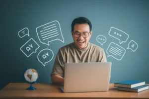 성인이-노트북이나-태블릿으로-온라인-영어-회화-수업을-하며-즐거워하는-모습