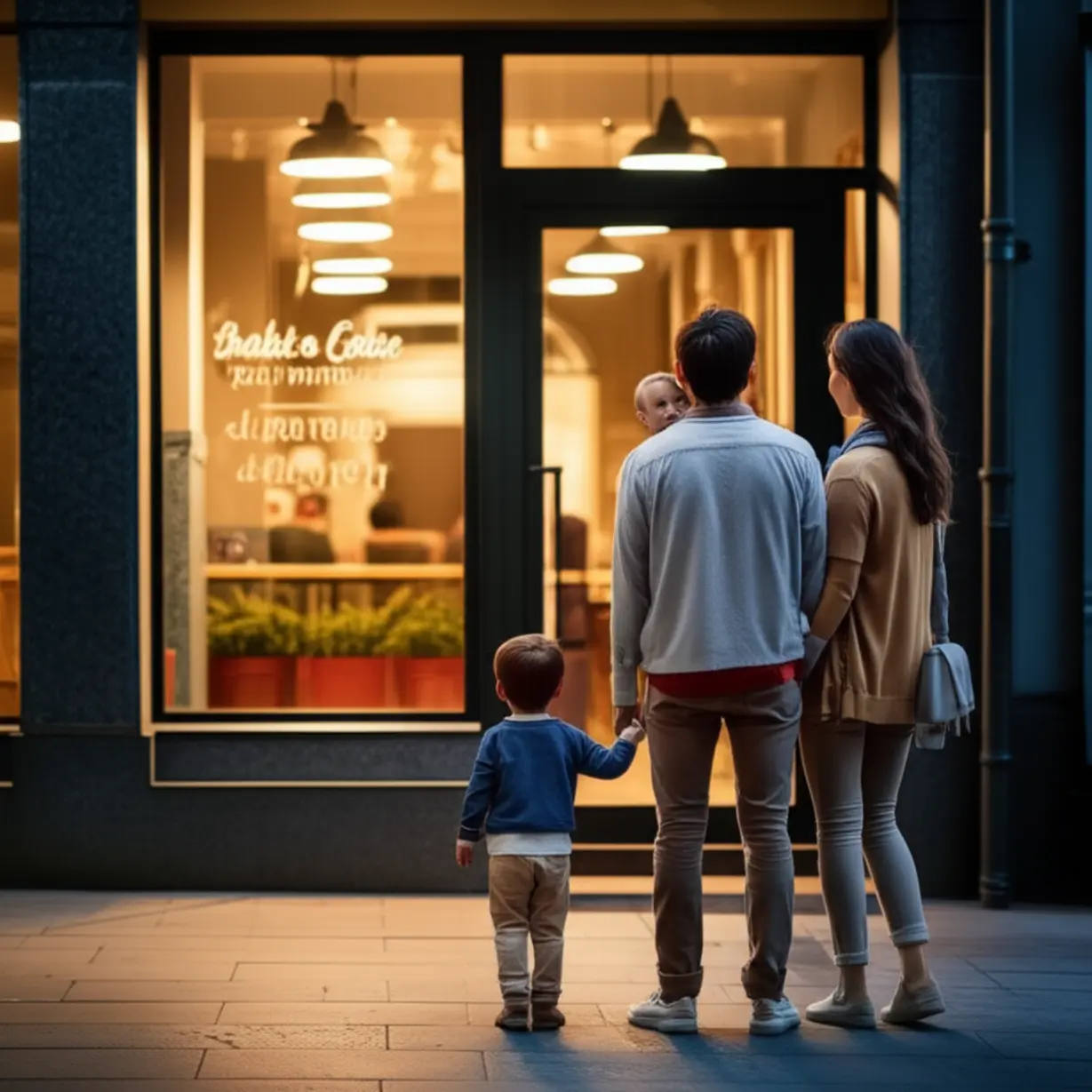A-stylized-image-showing-a-family-unable-to-enter-a-public-space,-representing-the-argument-that-No-Kids-Zones-restrict-family-activities-and-social-participation.