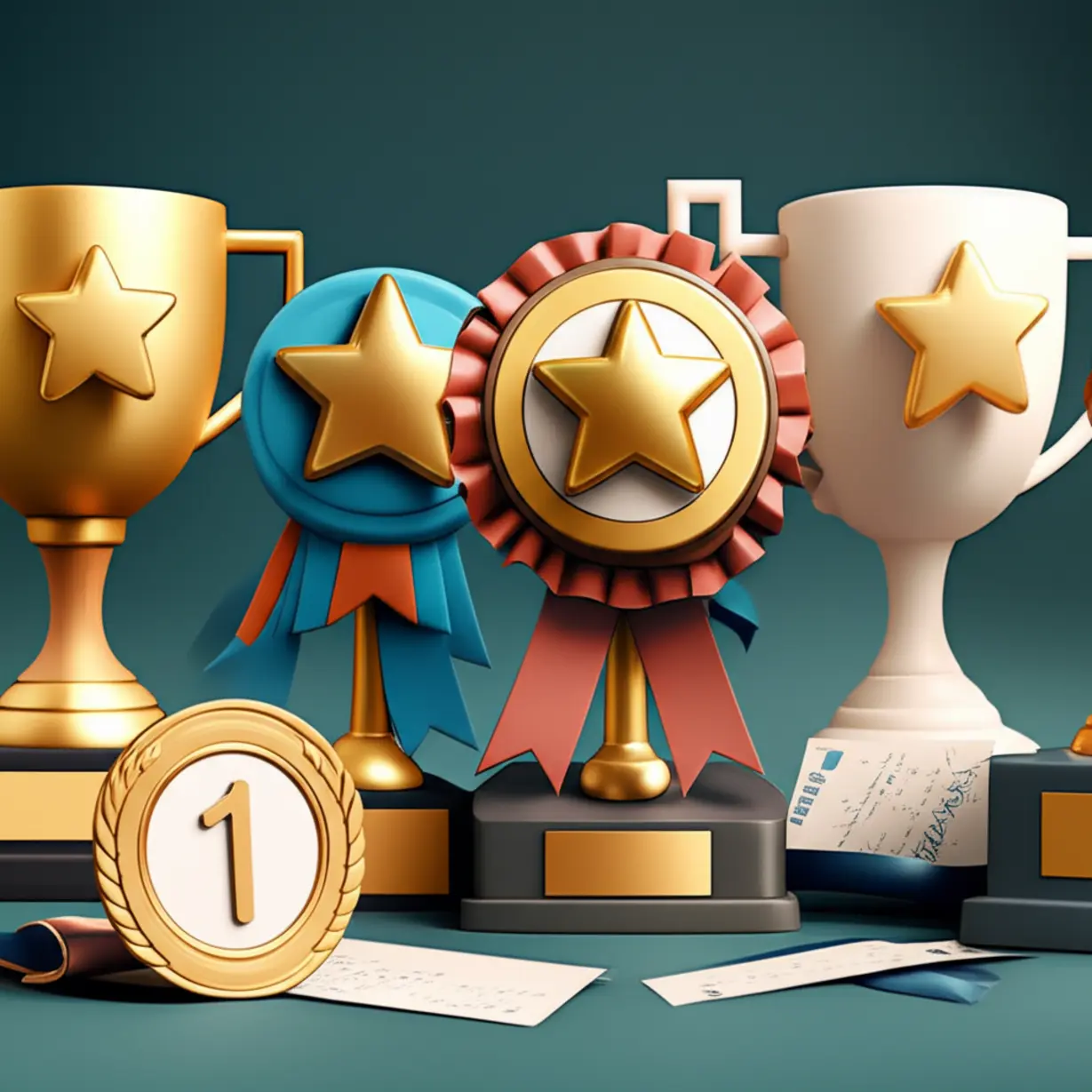 Cute-3D-rendered-image-of-trophies-and-ribbons,-symbolizing-contest-awards.