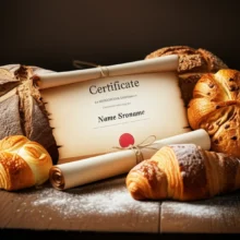 A-collection-of-delicious-pastries-and-bread-surrounding-a-certificate,-representing-achievement-in-baking.