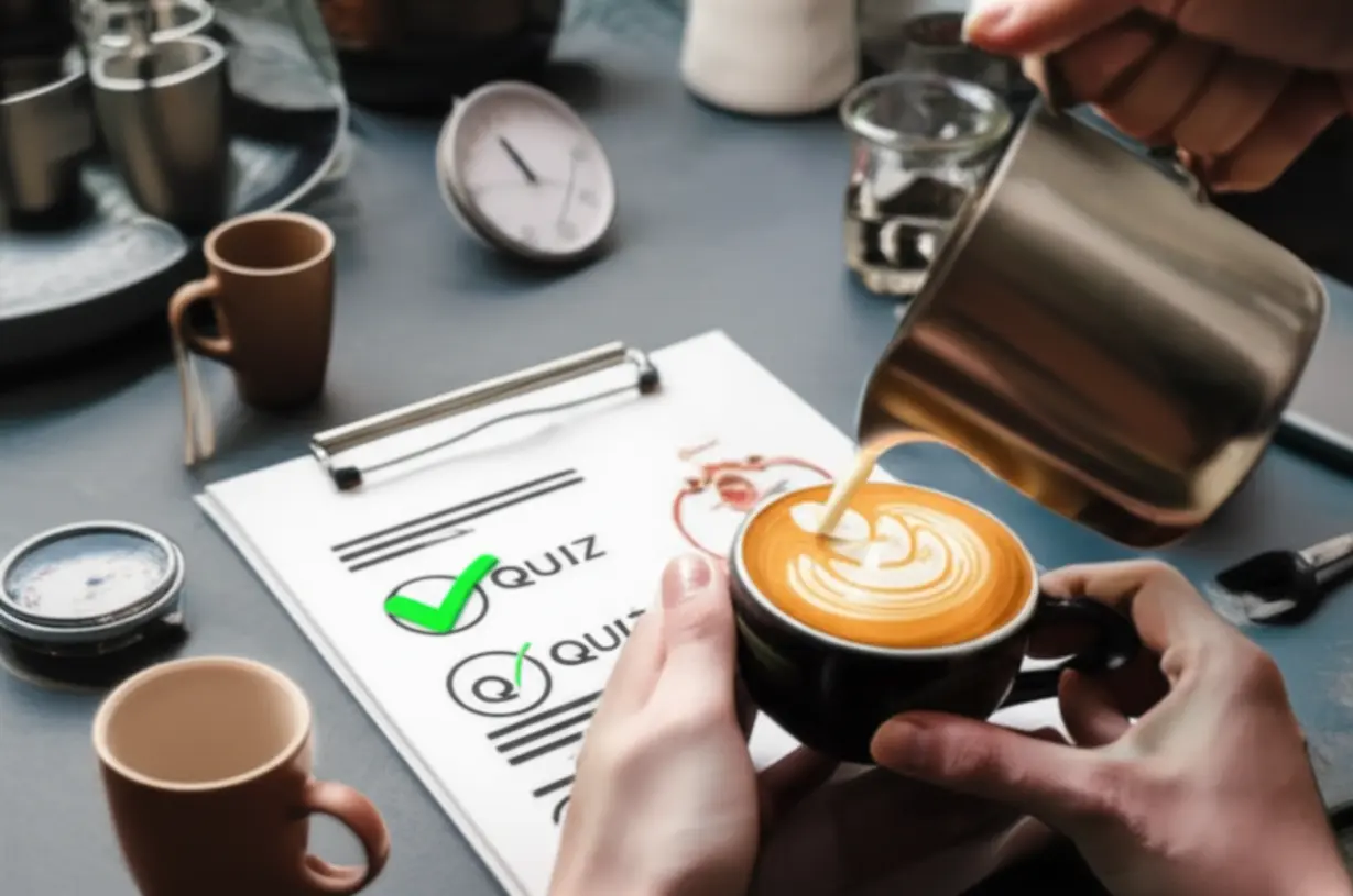 Illustrations-of-the-barista-license-exam-process,-including-written-tests-and-practical-assessments.