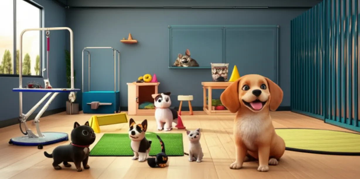 Cute-3D-illustration-showing-various-pet-care-settings-like-grooming,-training,-and-boarding.