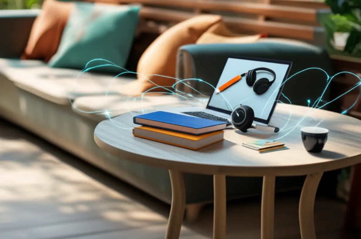 A-cute-3D-image-showing-learning-materials-in-various-comfortable-locations,-symbolizing-the-flexibility-and-accessibility-of-online-education.