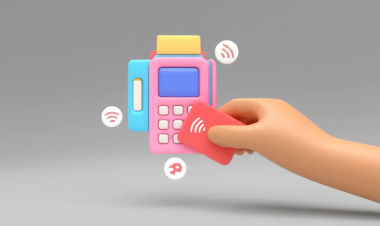 A-hand-holding-a-card-near-a-payment-machine,-showing-ways-to-use-the-card.