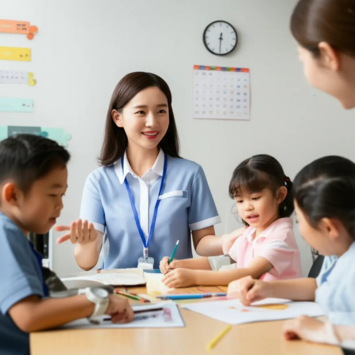 A-care-assistant-helping-children-with-activities-and-tasks-in-a-classroom-setting,-subtly-showing-elements-related-to-work.