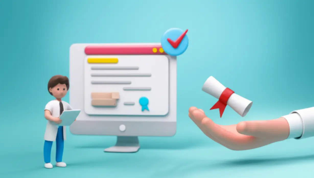 Cute-3D-image-showing-the-steps-to-get-a-certificate-online