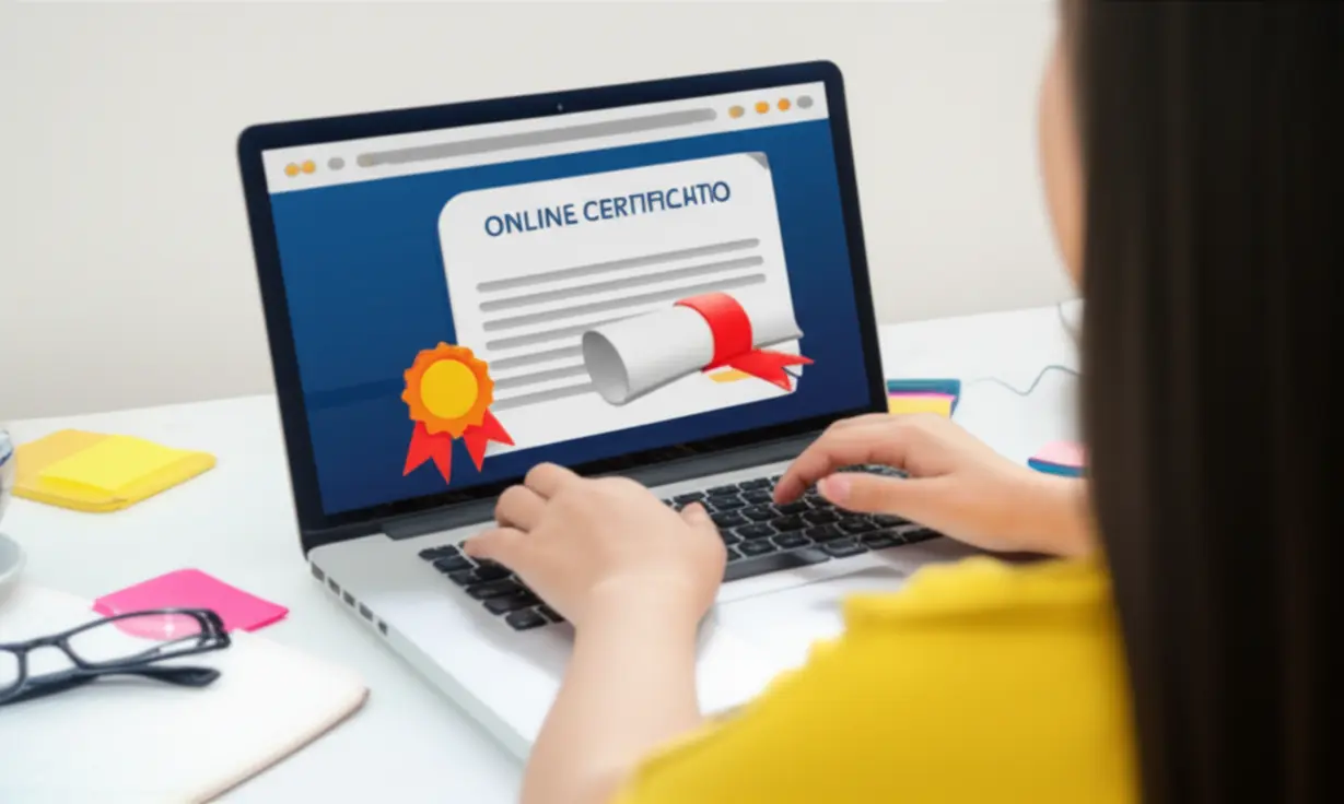 Person-studying-online-on-a-laptop-for-a-certificate,-with-a-stylized-certificate-icon.