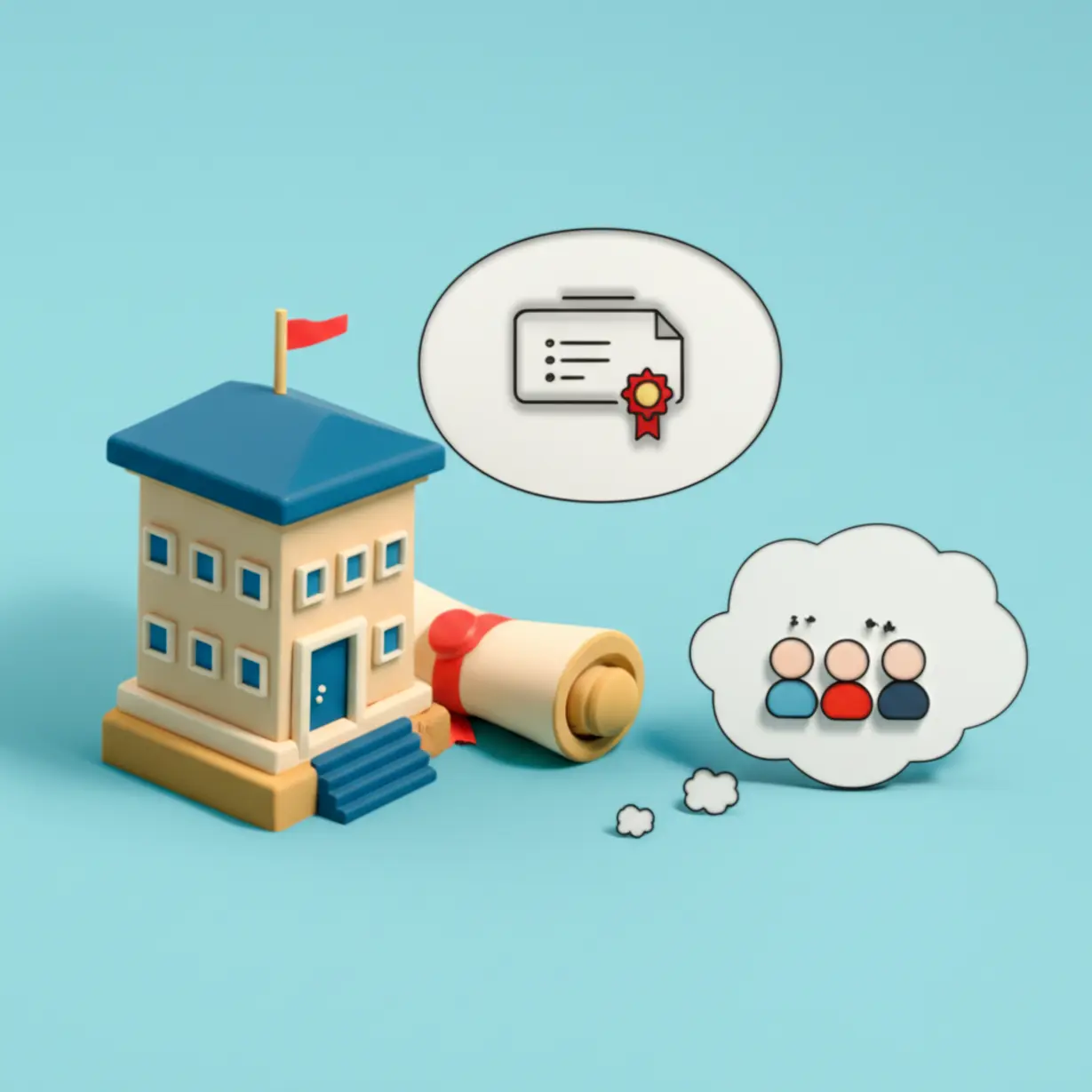 Cute-3D-illustration-showing-a-certification-icon-surrounded-by-icons-representing-different-potential-career-and-application-fields.
