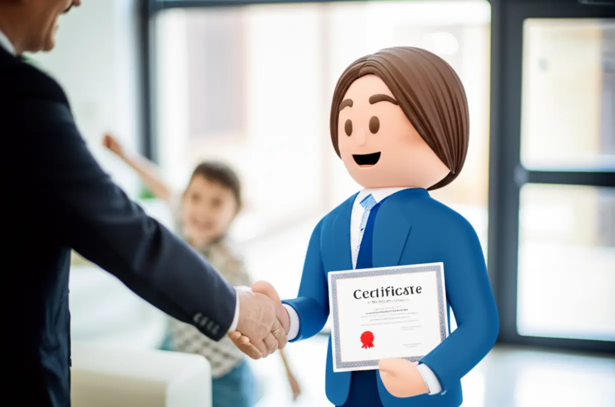 Cute-3D-image-of-a-counselor-receiving-a-certificate-and-starting-a-new-job.