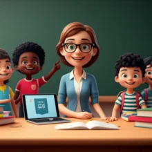 Stylized-teacher-and-children-in-a-classroom-with-study-elements
