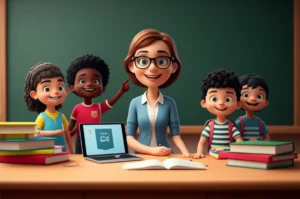 Stylized-teacher-and-children-in-a-classroom-with-study-elements