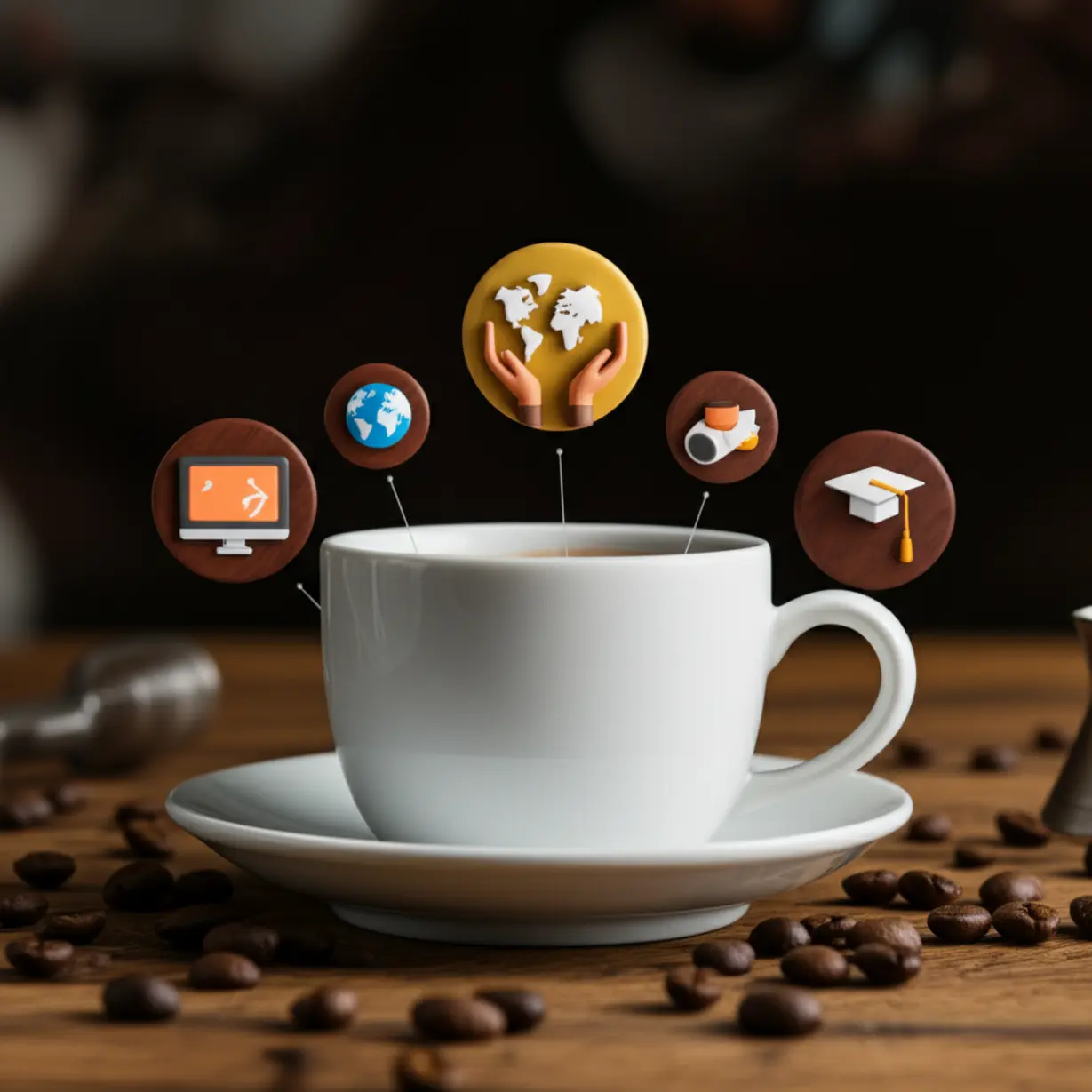 Illustrations-representing-criteria-for-choosing-a-barista-academy,-such-as-international-focus,-online-learning,-practical-skills,-and-certification.