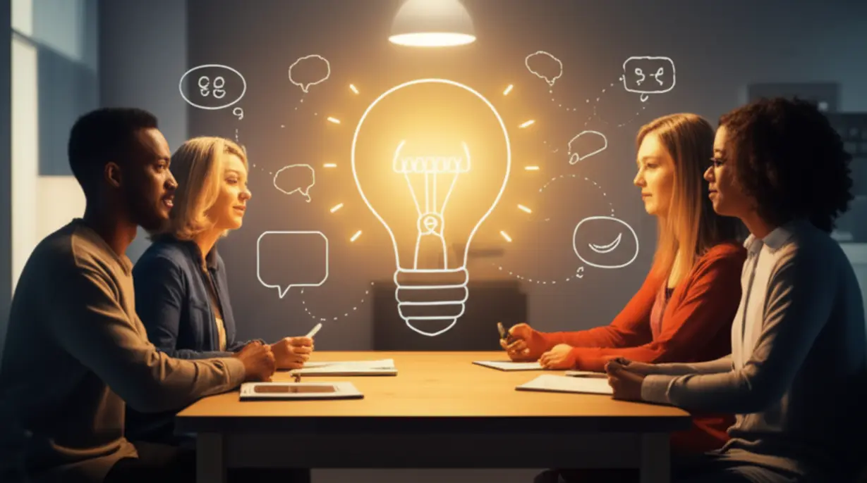 A-cute-3D-image-showing-several-diverse-people-sitting-around-a-table,-sharing-ideas-symbolized-by-interconnected-lightbulbs-and-thought-bubbles,-representing-collaborative-learning.
