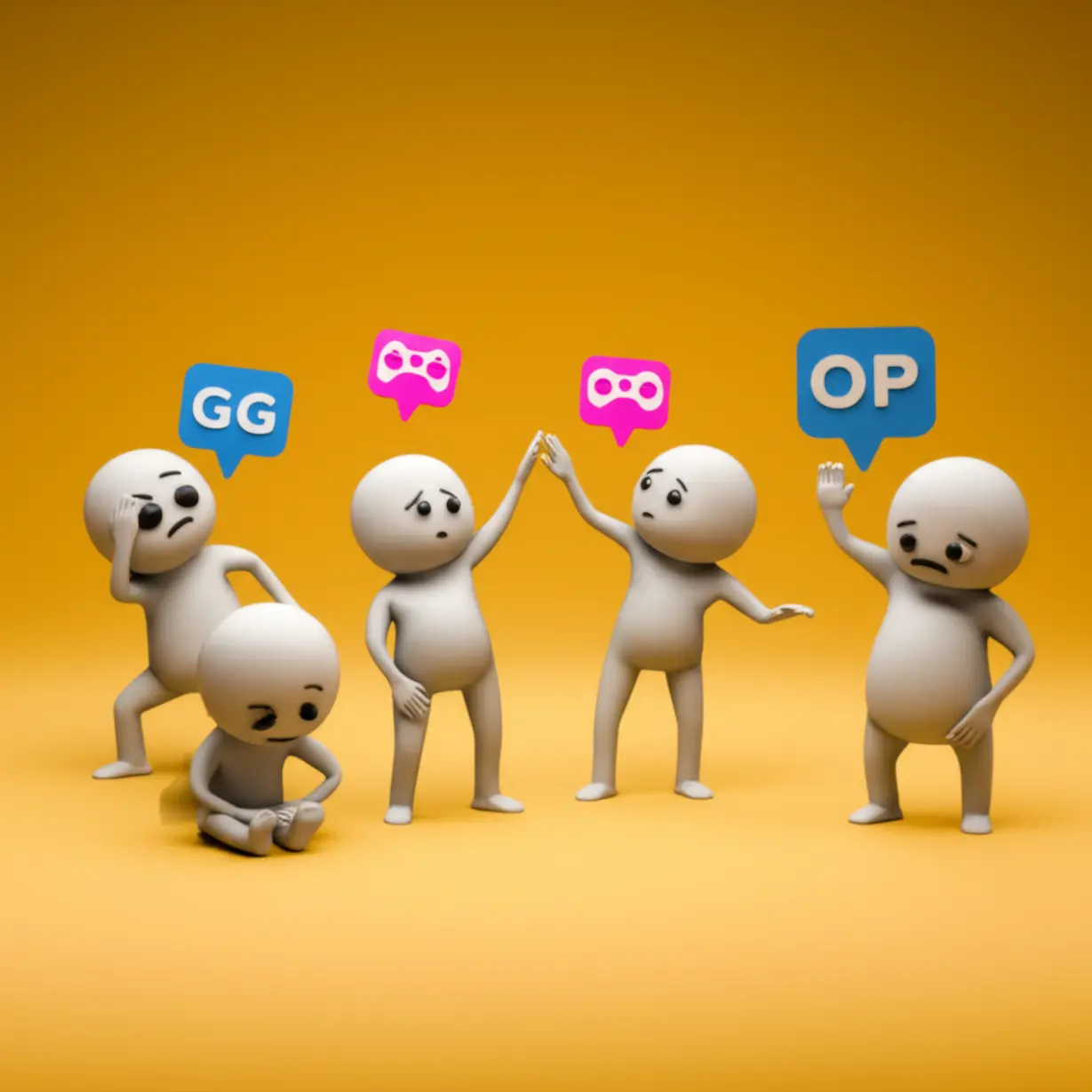 AFK,-GG,-OP,-Noob,-Buff,-Nerf-등의-게임-용어를-표현하는-다양한-캐릭터들이-있는-귀여운-3D-이미지.