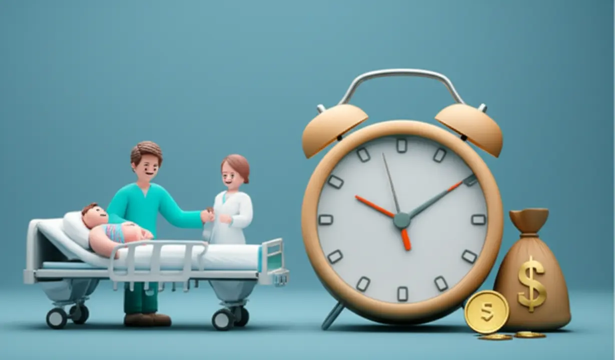 Split-image-showing-a-hospital-companion-helping-a-person,-and-symbols-representing-time-and-money-for-compensation.