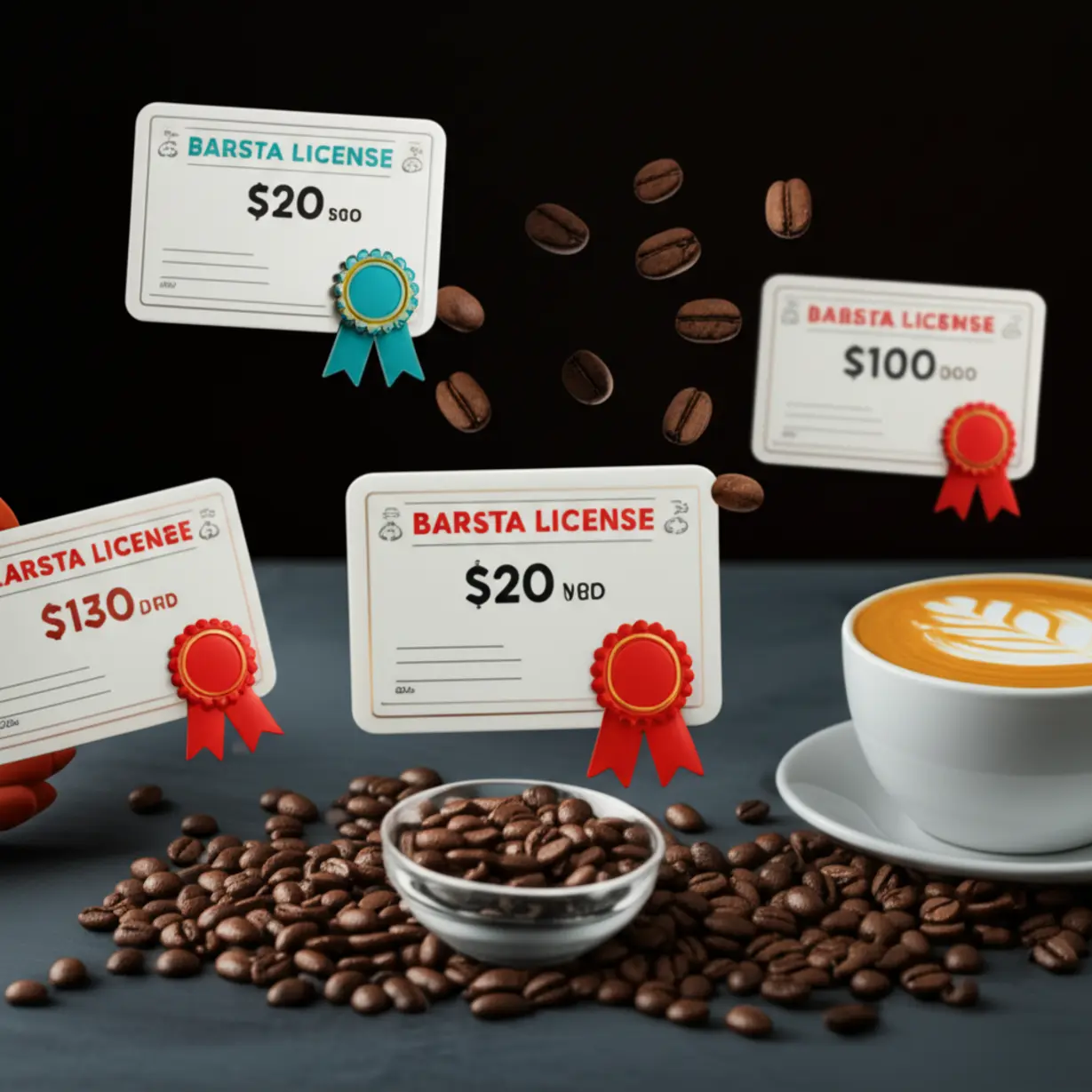 Comparison-of-costs-for-different-barista-license-types,-illustrated-with-stylized-certificates-and-price-tags.