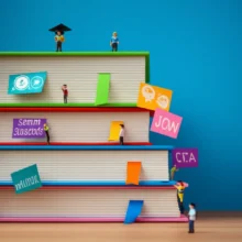 Illustration-of-a-desk-with-items-representing-academic,-career,-and-community-aspects-of-student-life.
