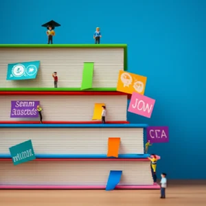 Illustration-of-a-desk-with-items-representing-academic,-career,-and-community-aspects-of-student-life.