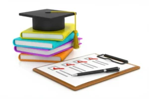 학교-책,-졸업모,-체크리스트-클립보드가-함께-있는-귀여운-3D-이미지