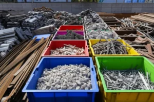 Cute-3D-illustration-of-construction-waste-being-sorted-into-recycling-containers-at-a-construction-site.