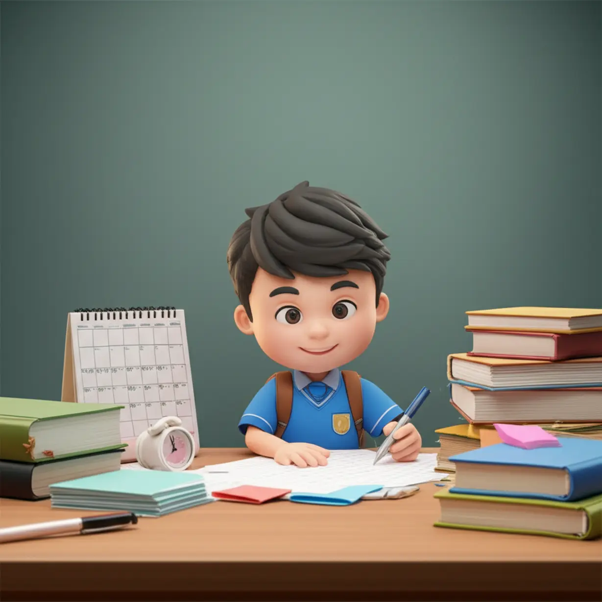 책상-위에서-학교-활동-서류와-노트를-정리하는-학생의-귀여운-3D-이미지