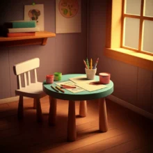 테이블-위에-놓인-그림-도구와-종이가-있는-아늑한-미술-치료-공간