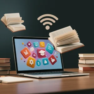 A-cute-3D-rendering-of-a-comfortable-study-nook-with-a-laptop,-books,-and-symbols-representing-online-learning-and-connectivity.