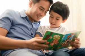 Parent-and-child-enjoying-reading-an-English-storybook-together-in-a-warm-setting.