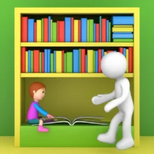 Cozy-reading-nook-with-colorful-books-and-a-simplified-figure-guiding-a-child