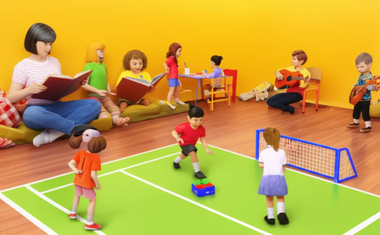 Diverse-after-school-activities-including-reading,-drawing,-sports,-and-music,-supervised-by-an-instructor.