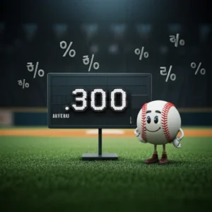 귀여운-3D-야구장,-스코어보드에-타율이-표시되고-야구공-캐릭터가-서-있는-모습