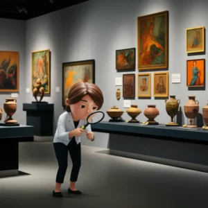 A-cute-3D-rendering-of-a-figure-examining-an-artifact-in-a-museum-setting,-representing-a-curator.