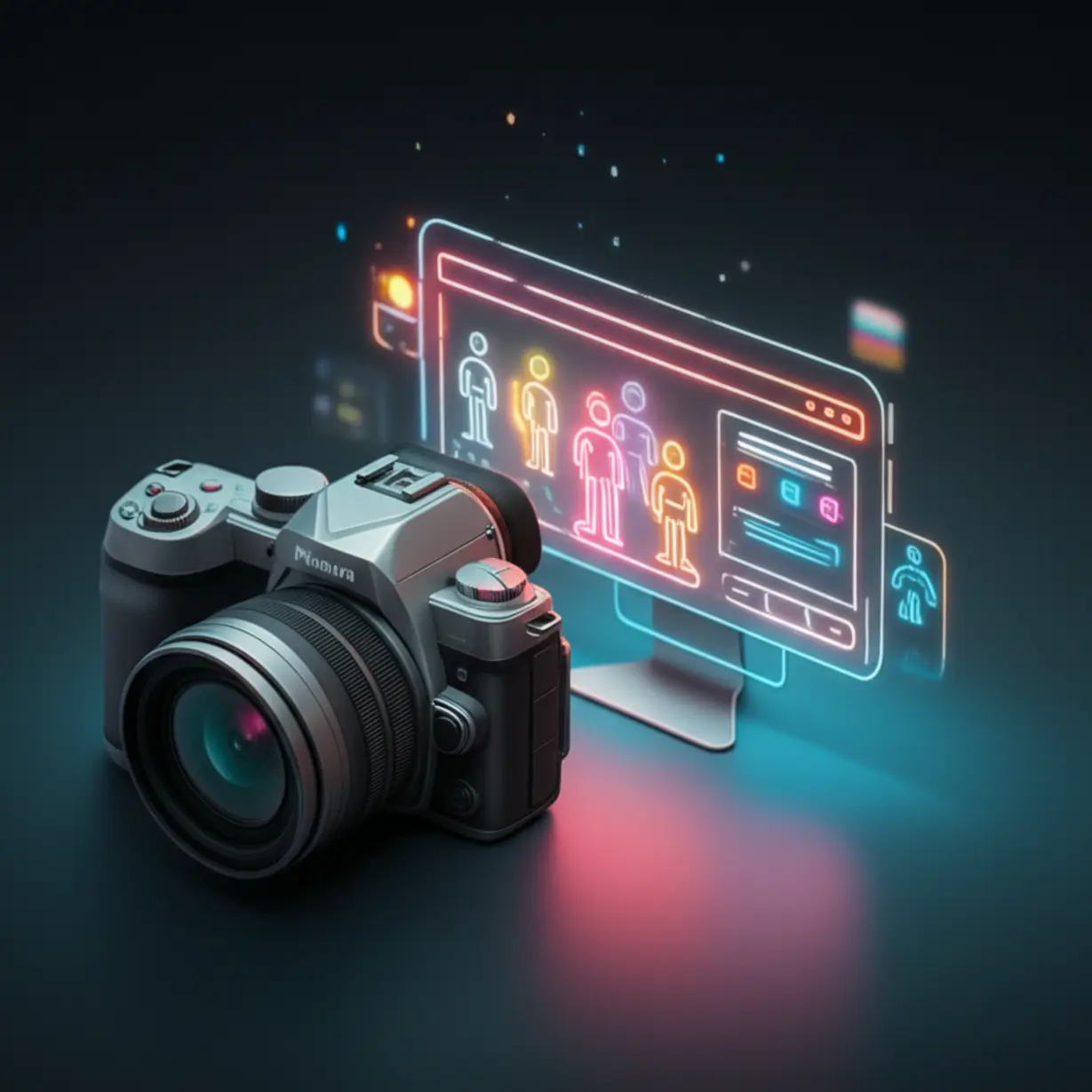 A-cute-3D-image-of-a-camera-focusing-on-abstract-figures-on-a-screen,-symbolizing-capturing-idol-content.