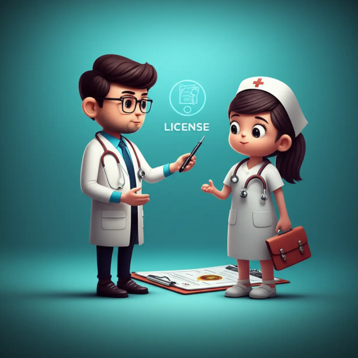 A-cute-3D-cartoon-doctor-is-directing-a-cartoon-nurse-assistant,-symbolizing-the-assistant