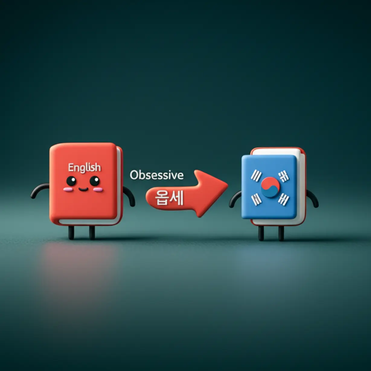 귀여운-3D-영한사전-아이콘이-화살표로-연결되어-Obsessive-단어가-옵세로-바뀌는-모습