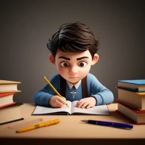 귀여운-3D-캐릭터-학생이-책과-학용품에-둘러싸여-집중하며-공부하는-모습