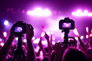 A-cute-3D-rendering-showing-cameras-pointed-towards-a-stage-with-abstract-K-pop-fan-items.