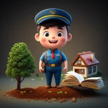 Cute-3D-cartoon-postal-worker-with-symbols-of-stability-and-learning