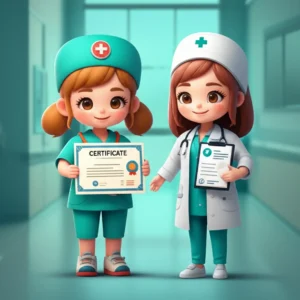 A-cute-3D-cartoon-nurse-assistant-holds-a-certificate-next-to-a-cartoon-nurse-holding-a-license,-highlighting-the-distinction-between-the-two-in-a-healthcare-setting.