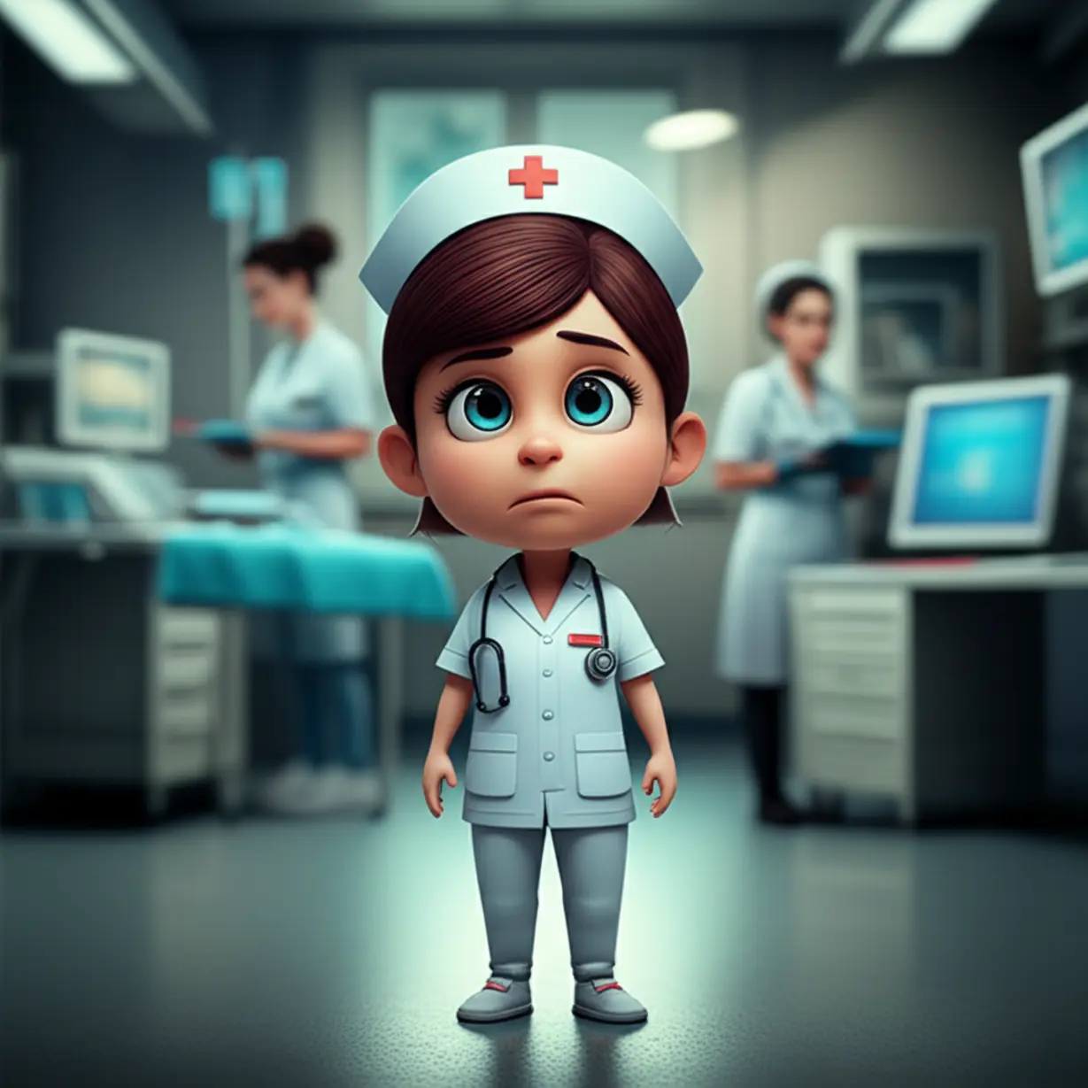 A-cute-3D-cartoon-nurse-assistant-appears-overwhelmed-in-a-medical-setting,-representing-the-challenges-and-ambiguity-of-their-job-scope.