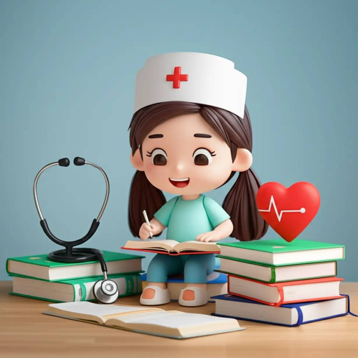 A-cute-3D-cartoon-character-is-studying-for-a-nursing-assistant-exam,-depicting-the-educational-requirements.