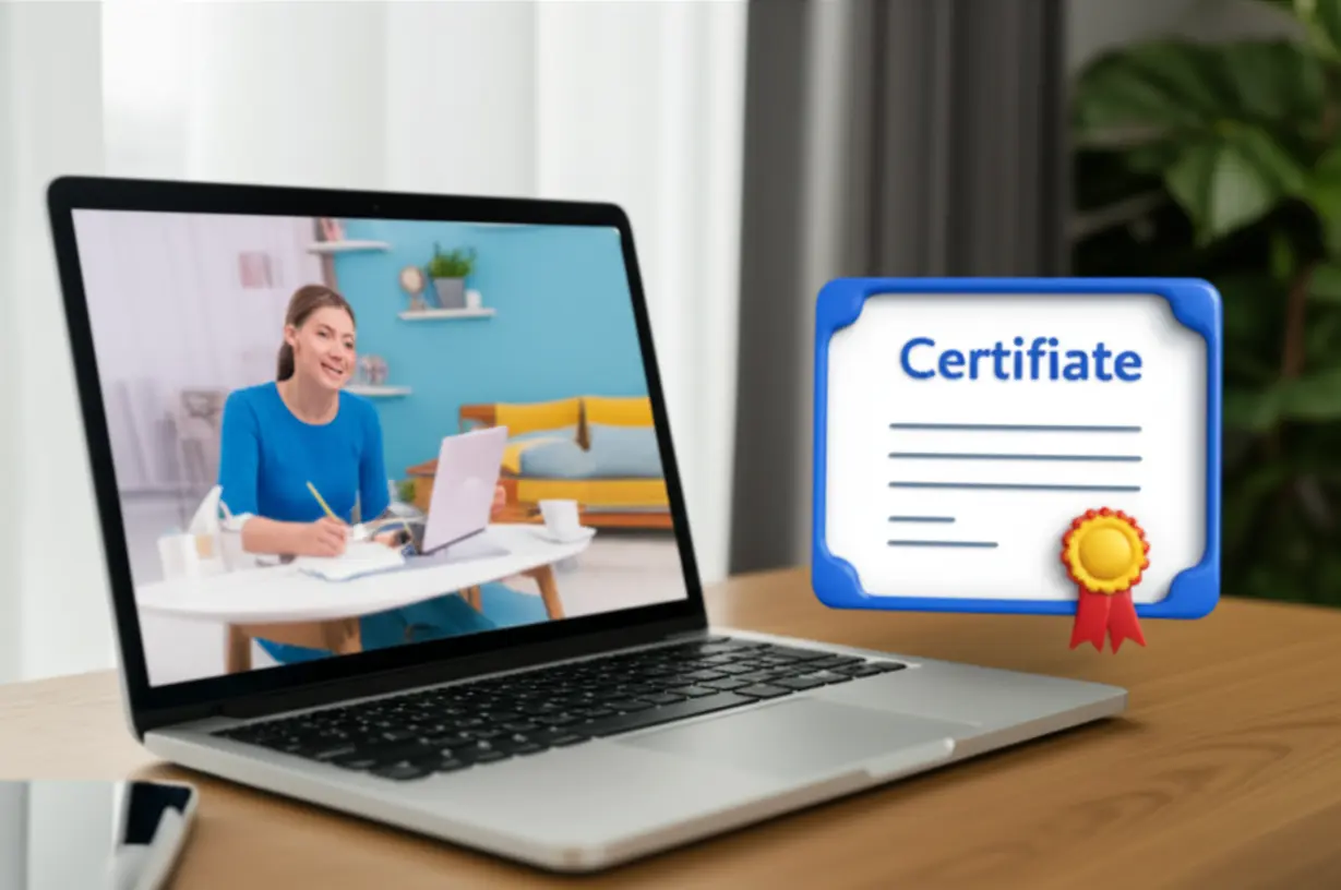 Person-studying-online-for-a-certificate-on-a-laptop,-with-a-certificate-icon-nearby.