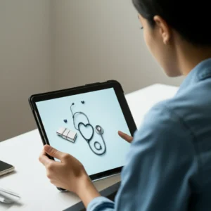 태블릿으로-간병-교육-강의를-듣는-귀여운-3D-캐릭터