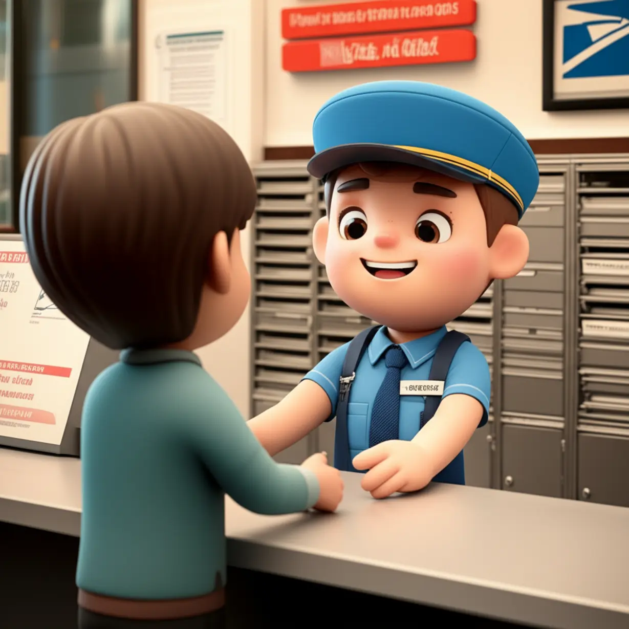 Cute-3D-cartoon-postal-worker-serving-a-customer-at-a-counter