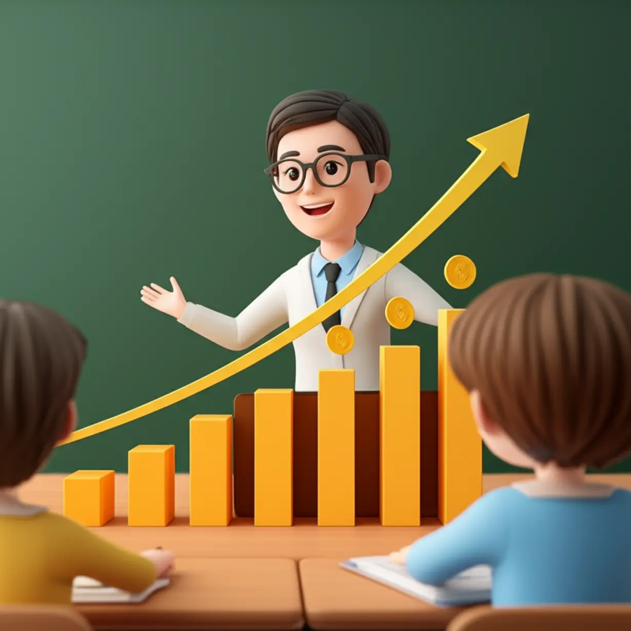 Visual-representation-of-growing-salary-and-job-opportunities-for-after-school-instructors,-combined-with-an-image-of-a-happy-instructor-and-children.